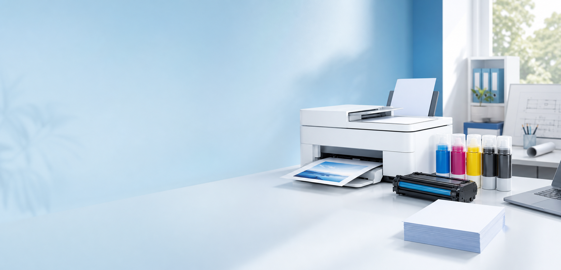 Modern printer with ink, toner and paper supplies